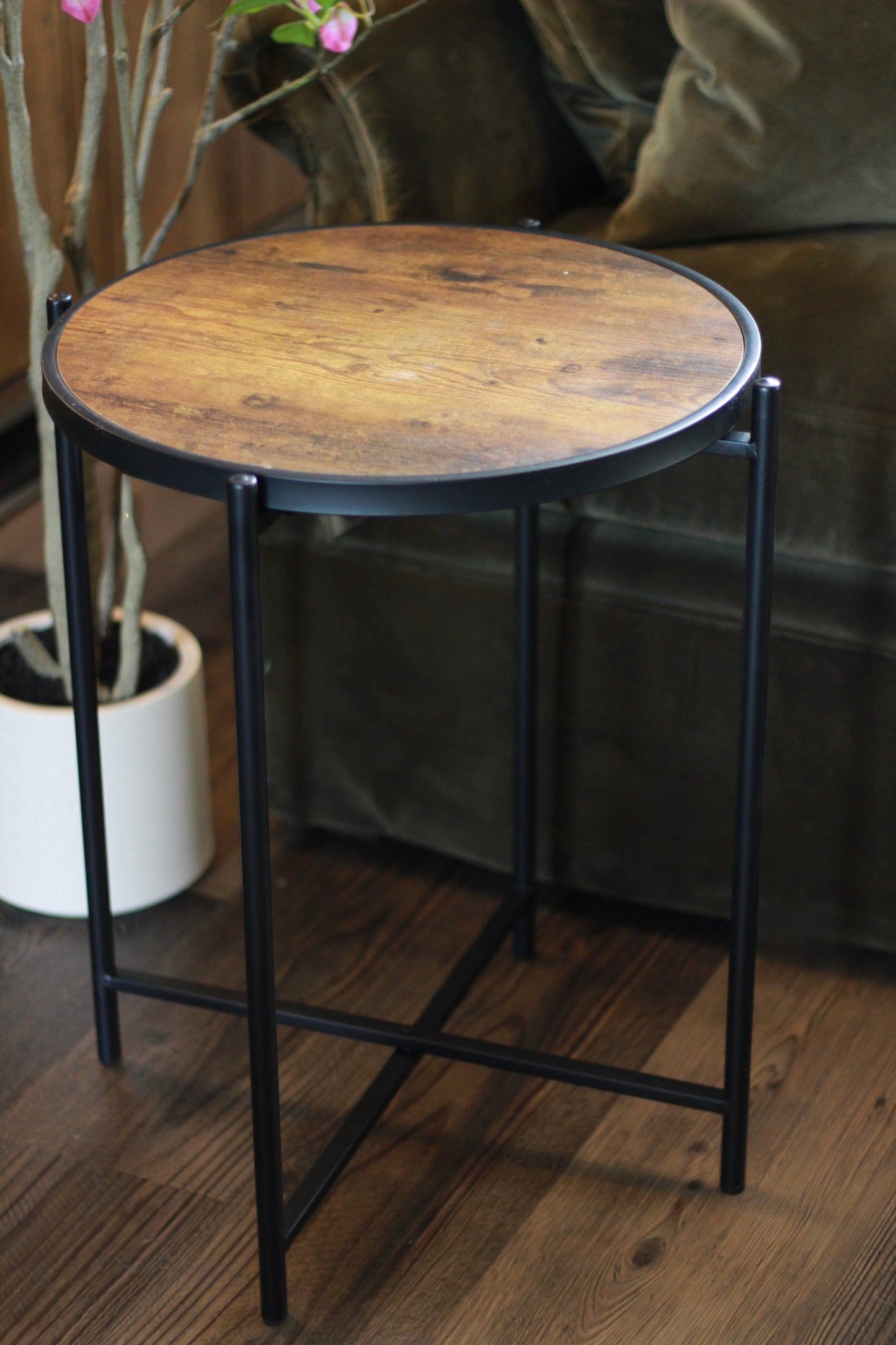 Round Wood Effect Side Table with Black Metal Frame styled view – Leya Buster Interiors