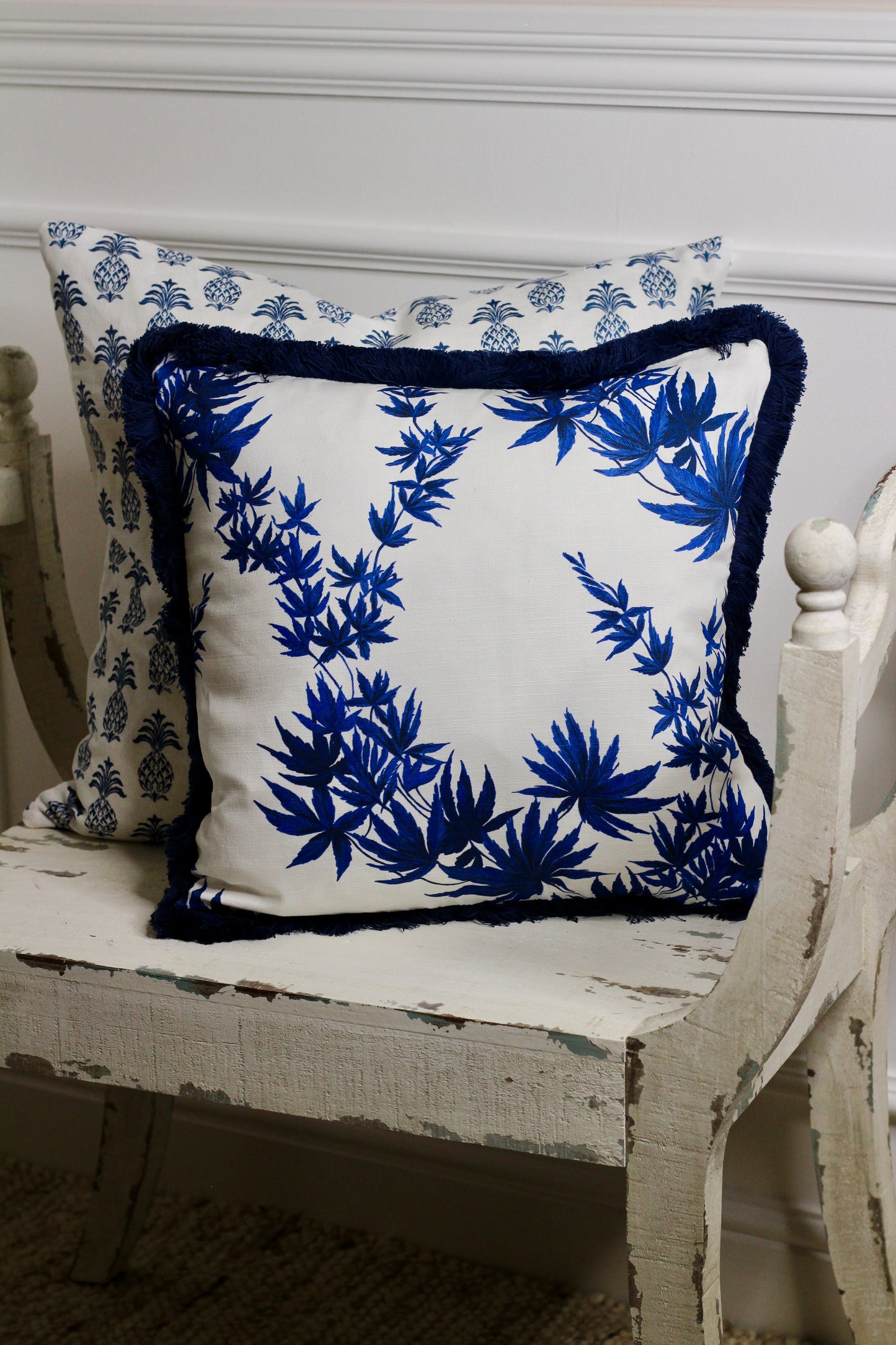 Fig Leaves Blue Fringed Cushion