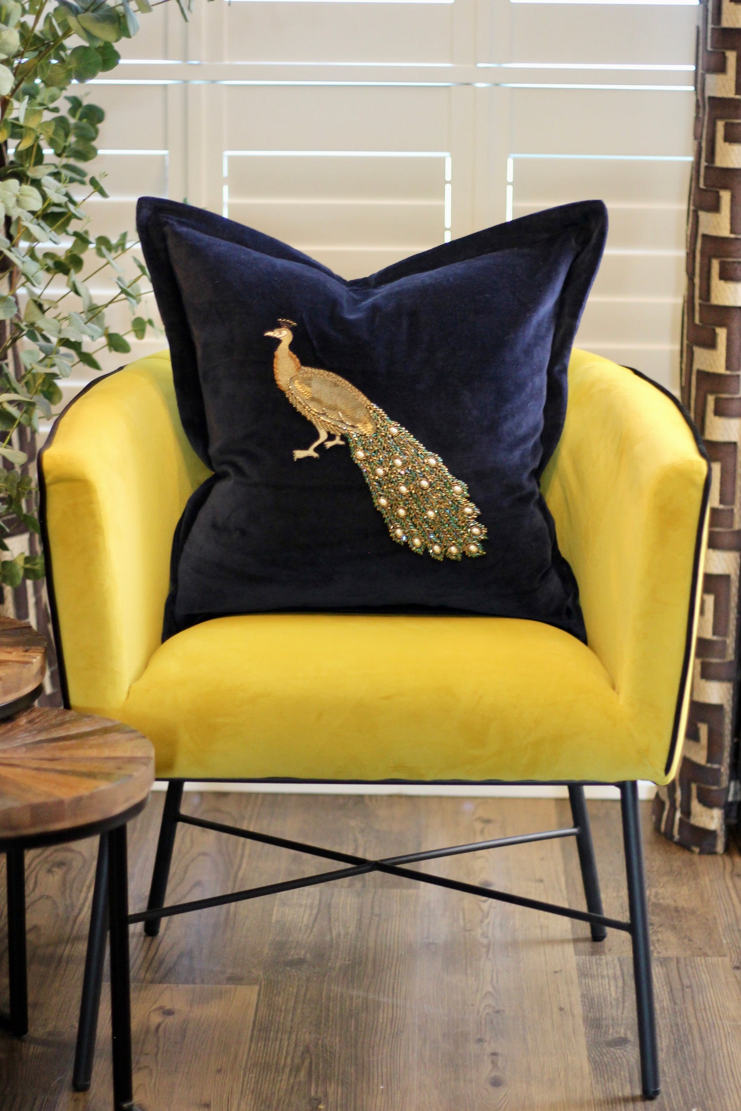 Luxe Peacock Embellished Cushion - Midnight