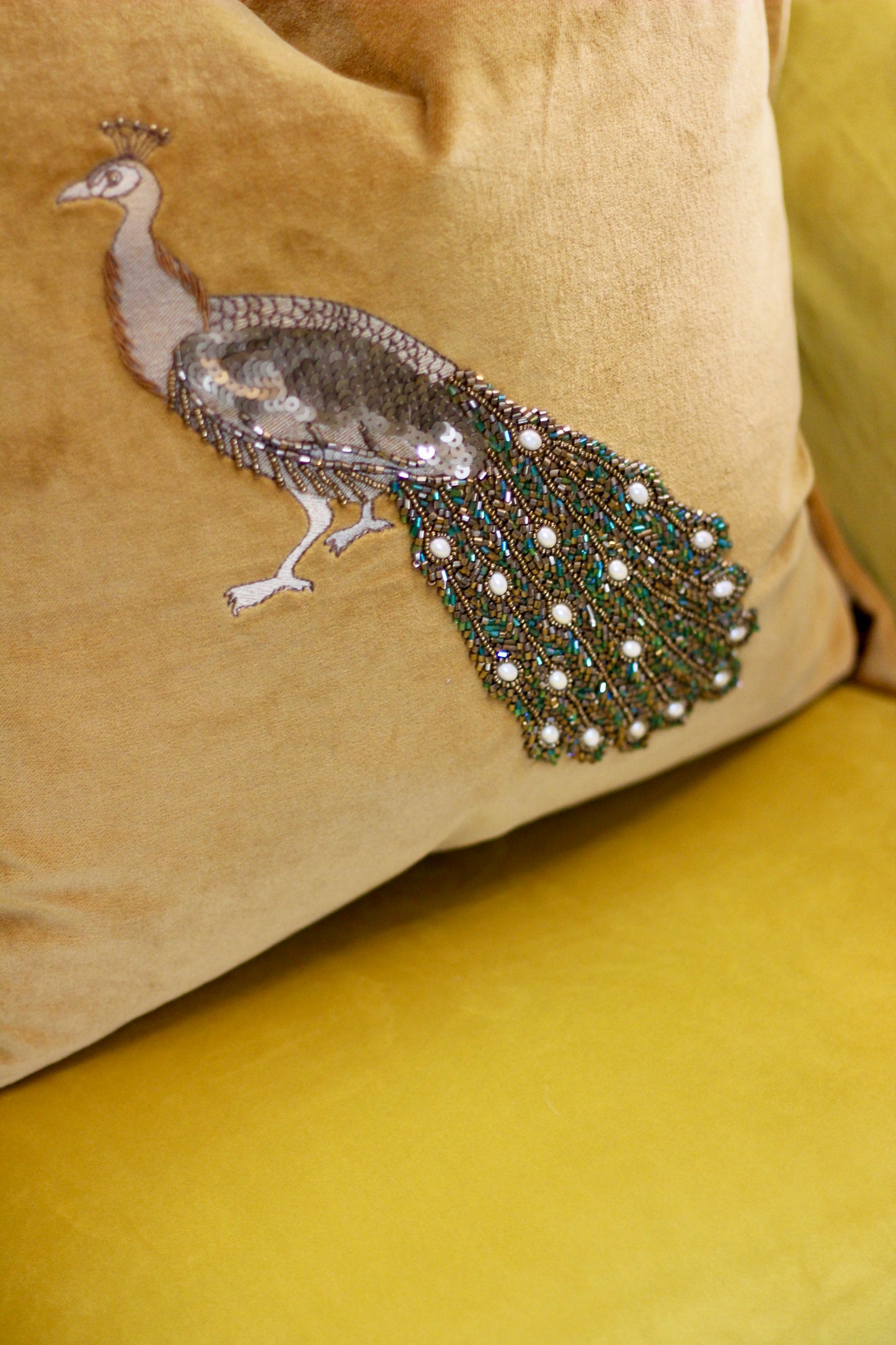 Luxe Peacock Embellished Cushion - Mustard