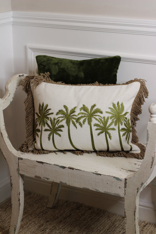 Moss Green Palm Tree Tassel Cushion