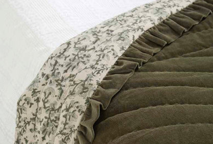 The Moorland Velvet Olive Ruffle Bedspread detail – Leya Buster Interiors