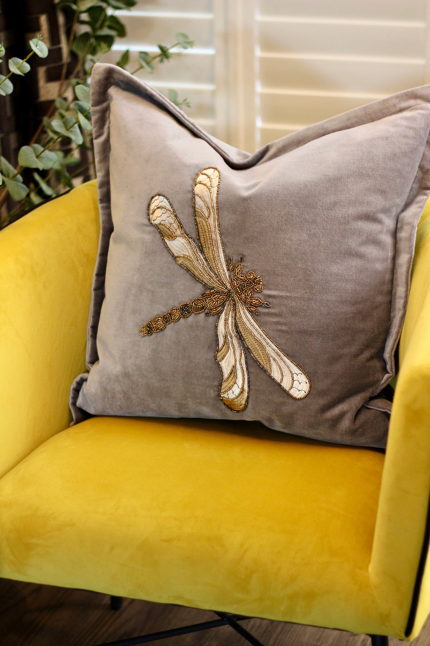 Luxe Dragon Fly Embellished Cushion - Grey