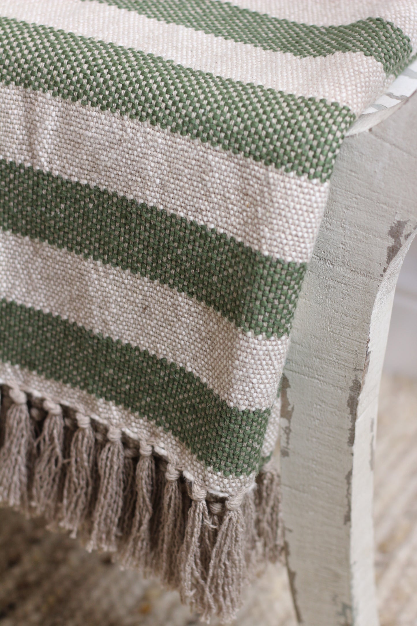Moss Green Striped Throw With Tassels