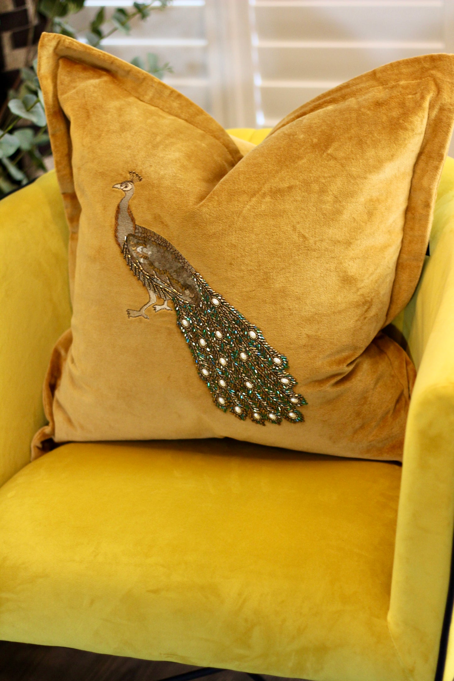 Luxe Peacock Embellished Cushion - Mustard