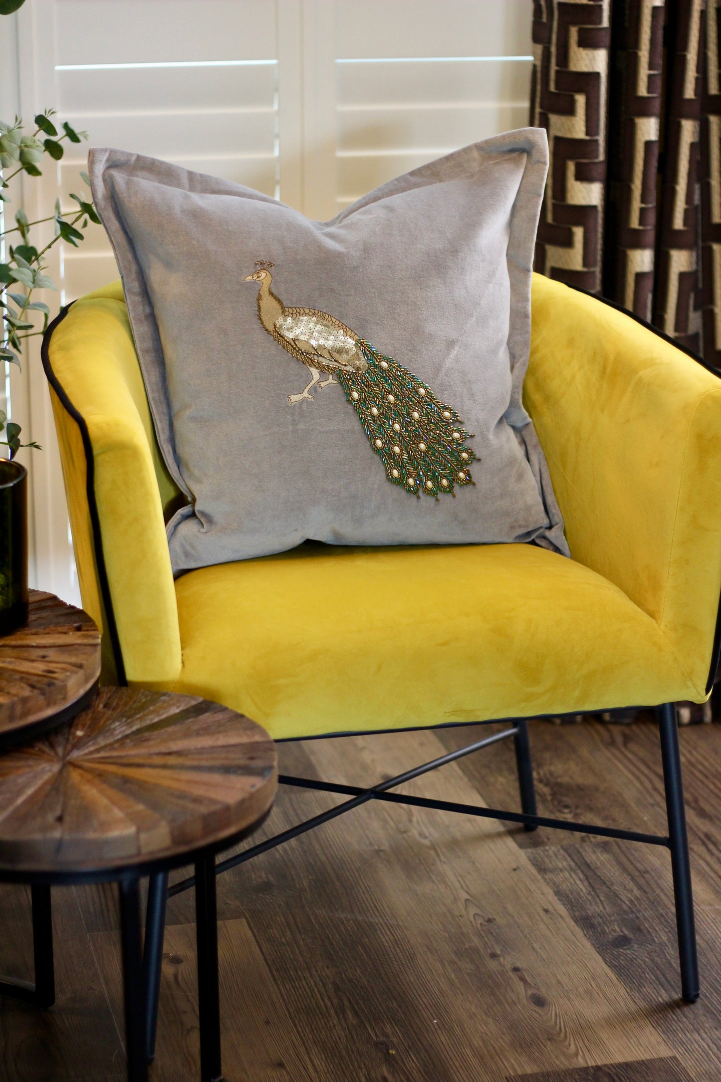 Luxe Peacock Embellished Cushion - Steel