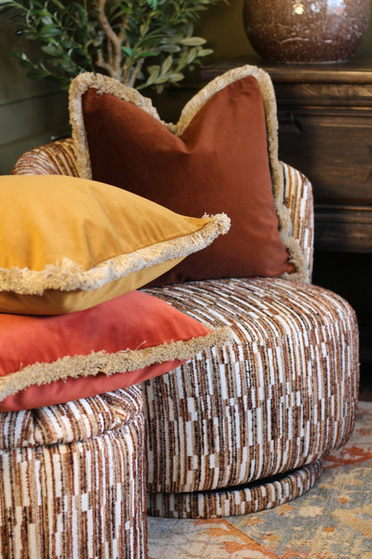 Langford Chestnut fringed velvet cushion in a rich warm brown, 55 x 55cm