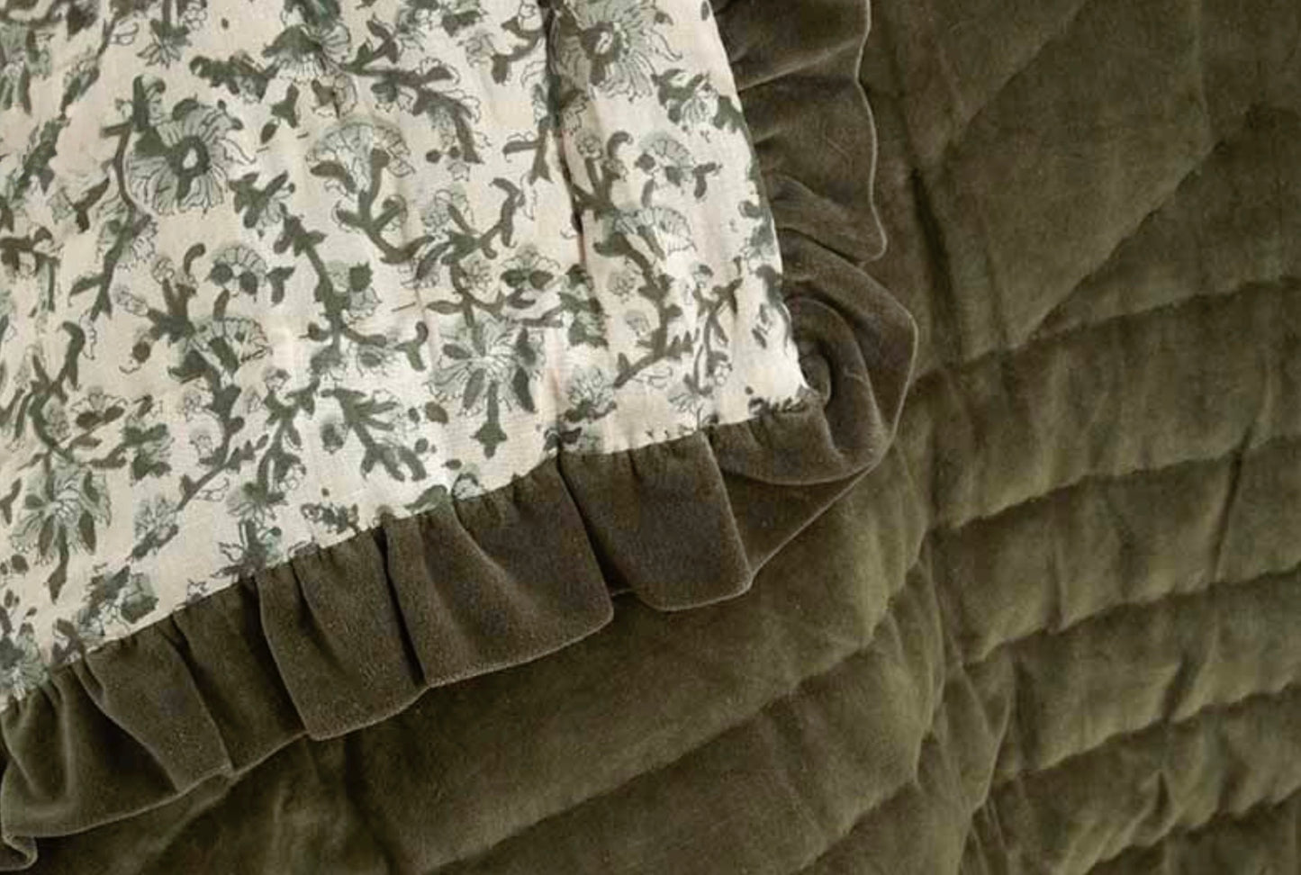 The Moorland Velvet Olive Ruffle Bedspread styled view – Leya Buster Interiors