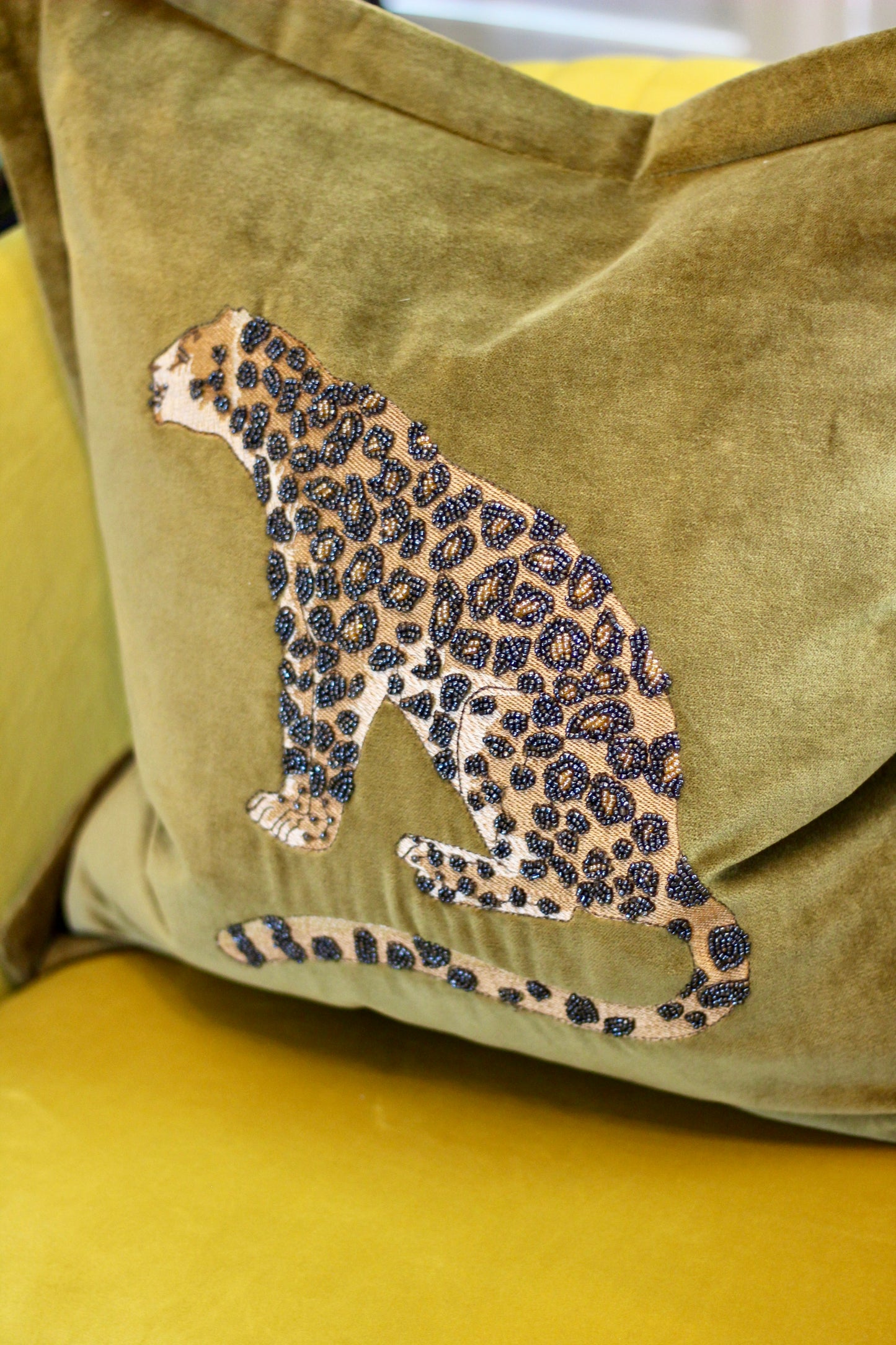 Luxe Leopard Embellished Cushion - Olive