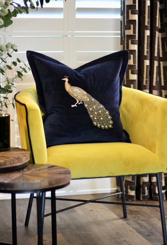 Luxe Peacock Embellished Cushion - Midnight