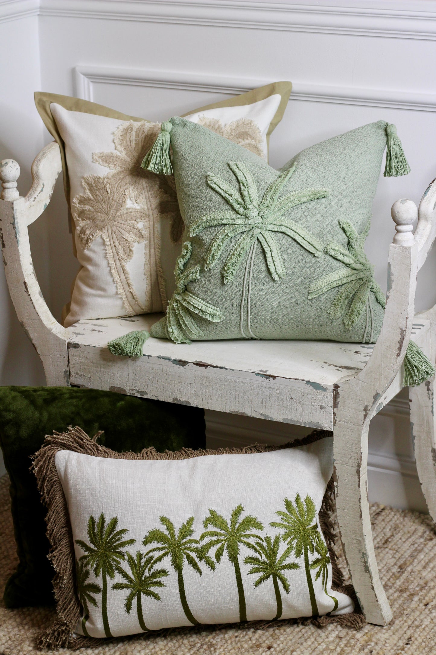 Moss Green Palm Tree Tassel Cushion