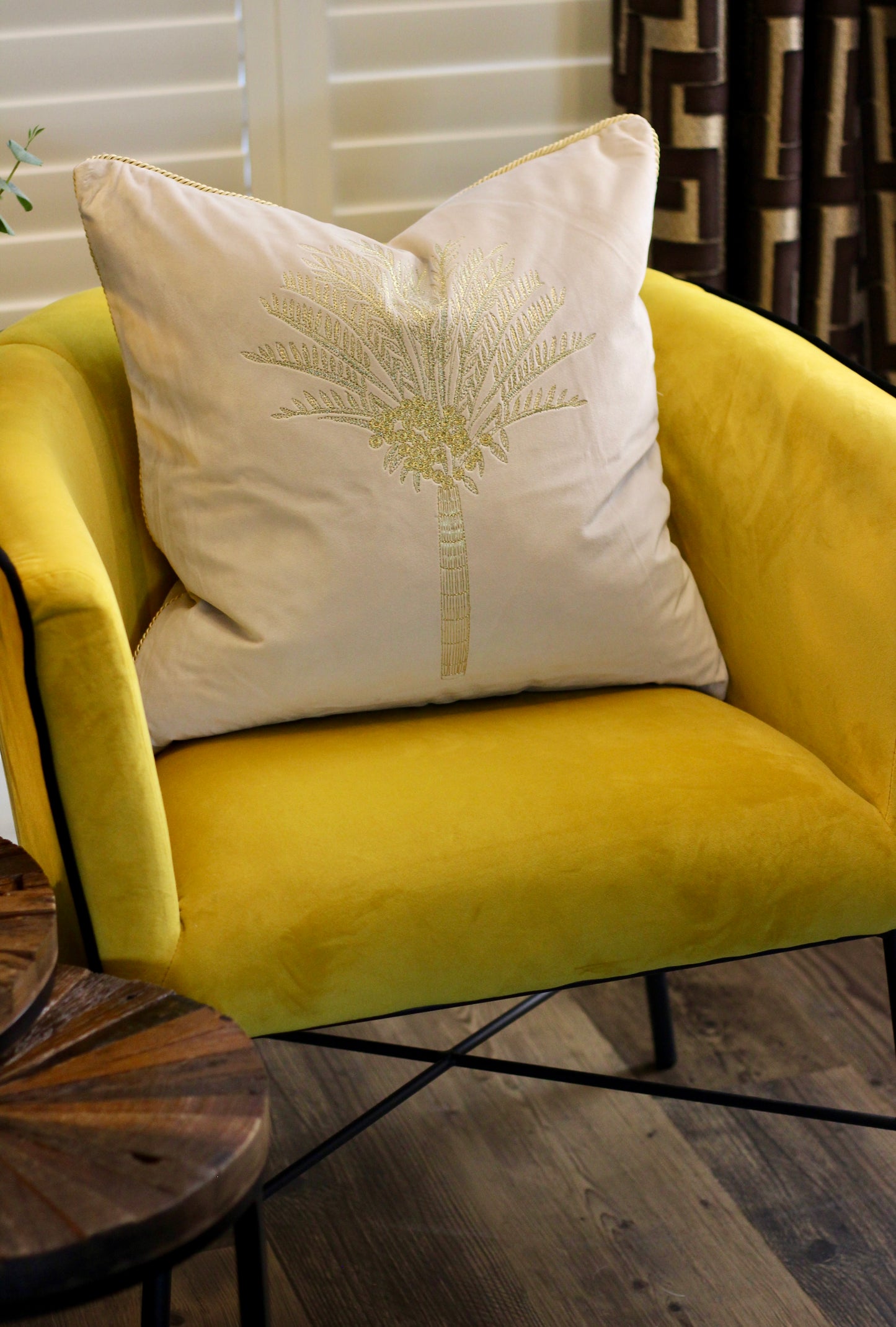 Oasis Palm Embroidered Velvet Cushion - Ivory