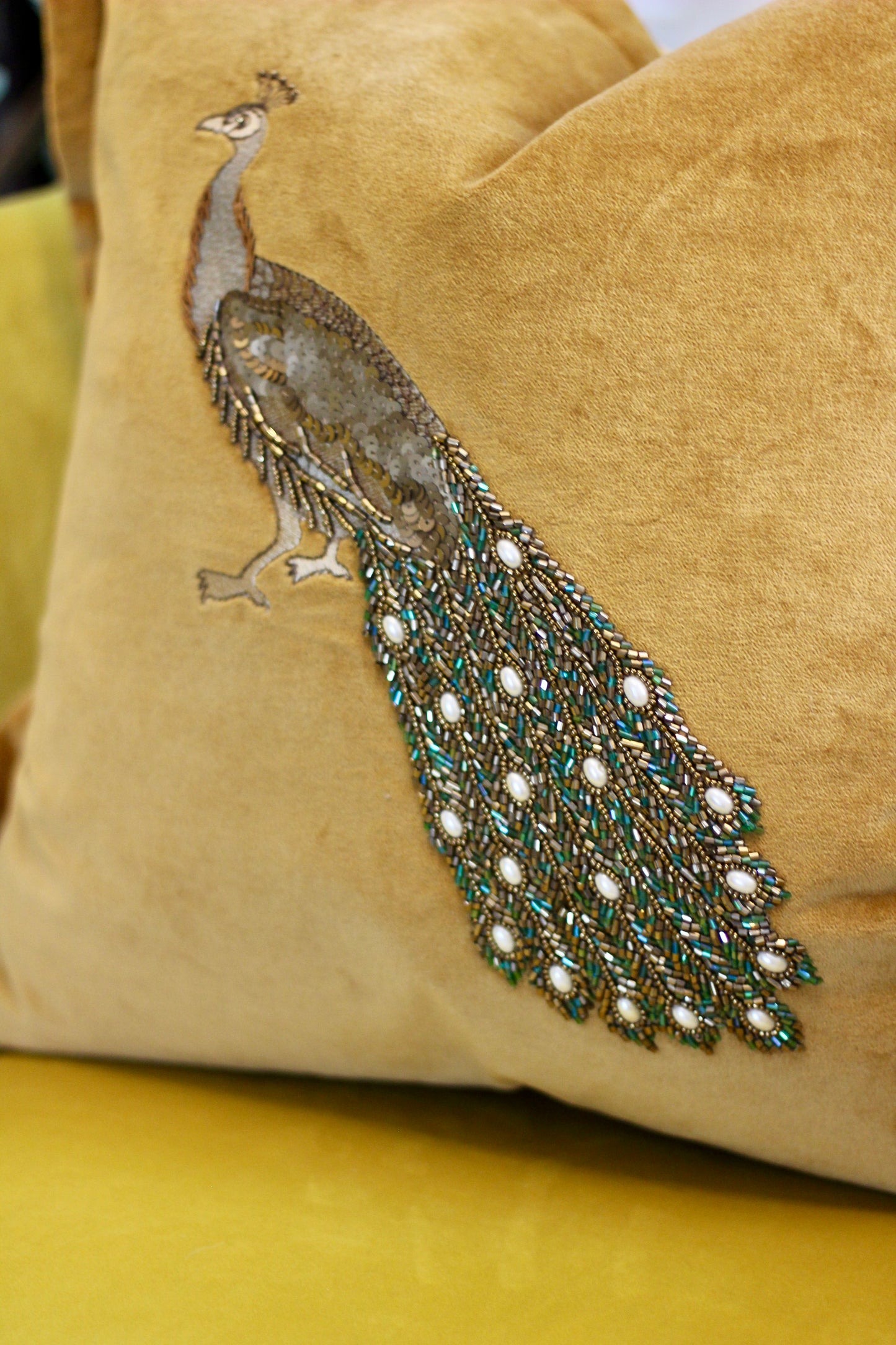 Luxe Peacock Embellished Cushion - Mustard