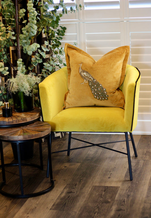 Luxe Peacock Embellished Cushion - Mustard