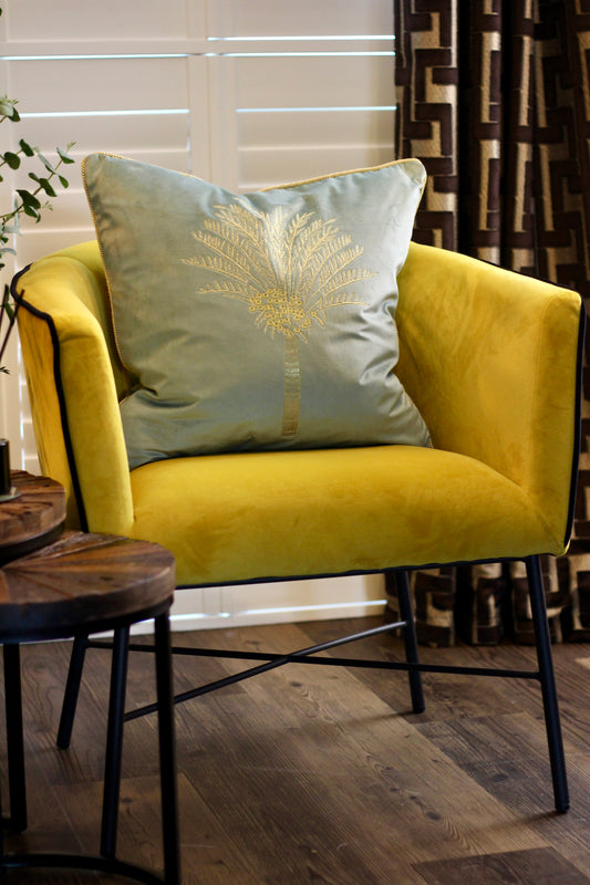 Oasis Palm Embroidered Velvet Cushion - Mineral