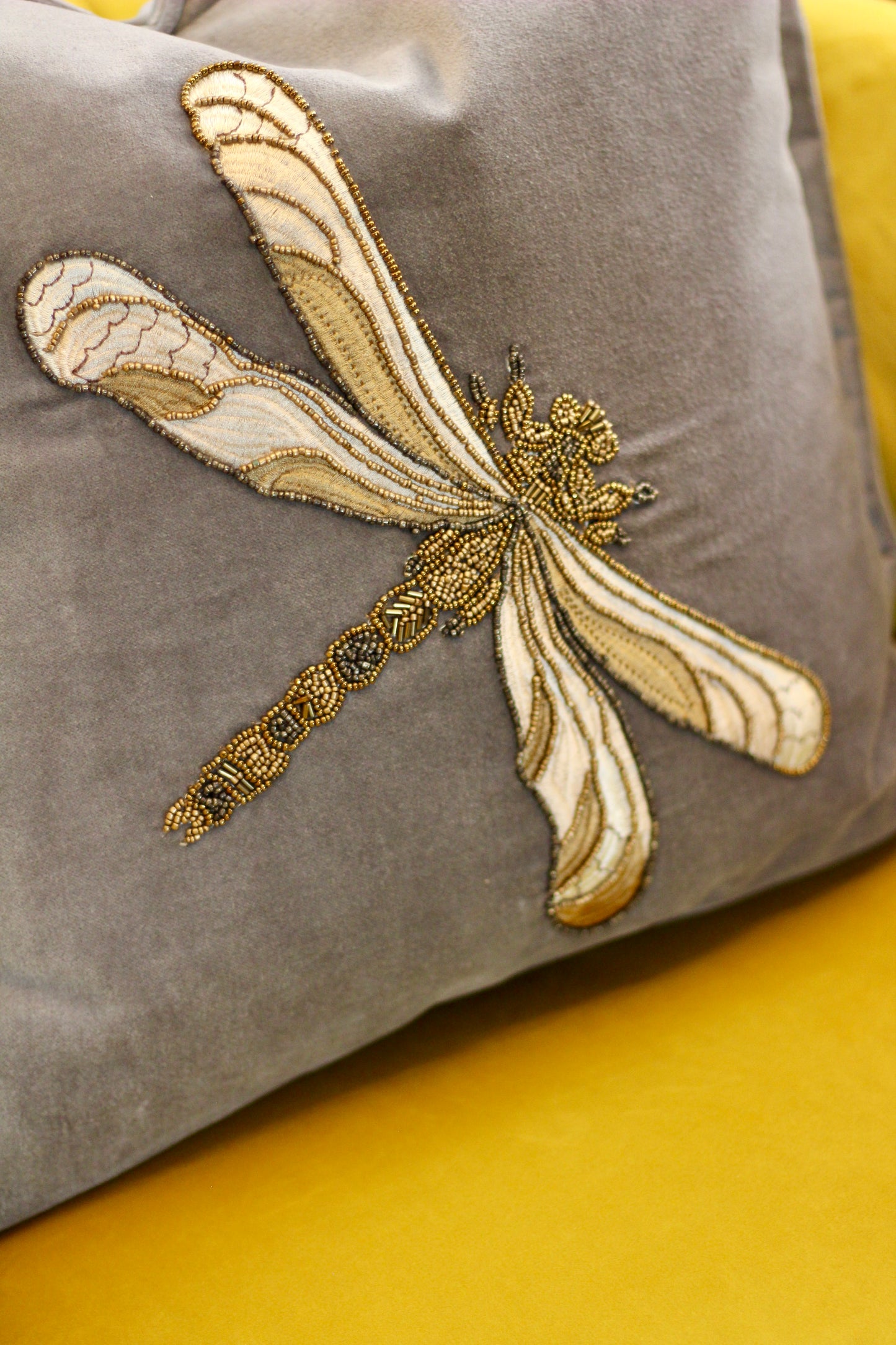 Luxe Dragon Fly Embellished Cushion - Grey