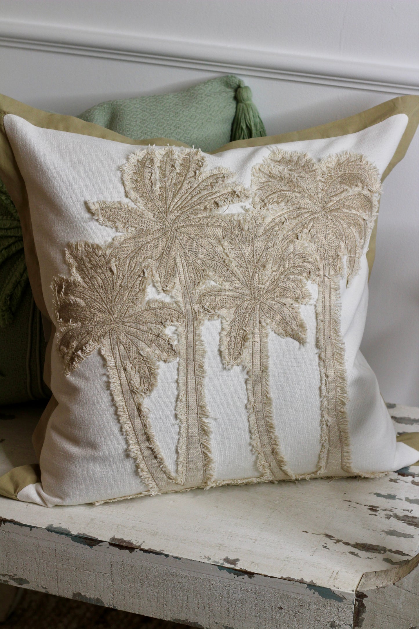 Neutral Embroidered Palm Tree Cushion