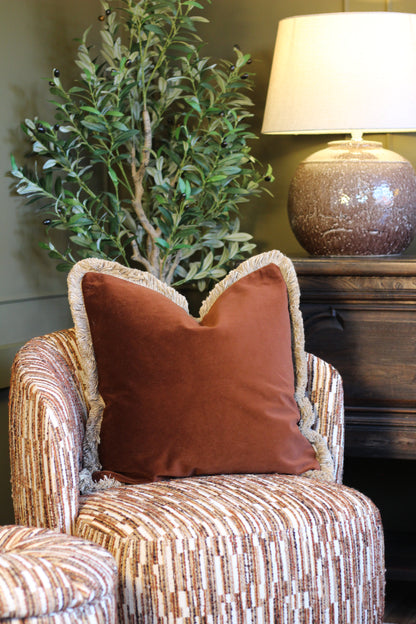 Langford Chestnut fringed velvet cushion in a rich warm brown, 55 x 55cm