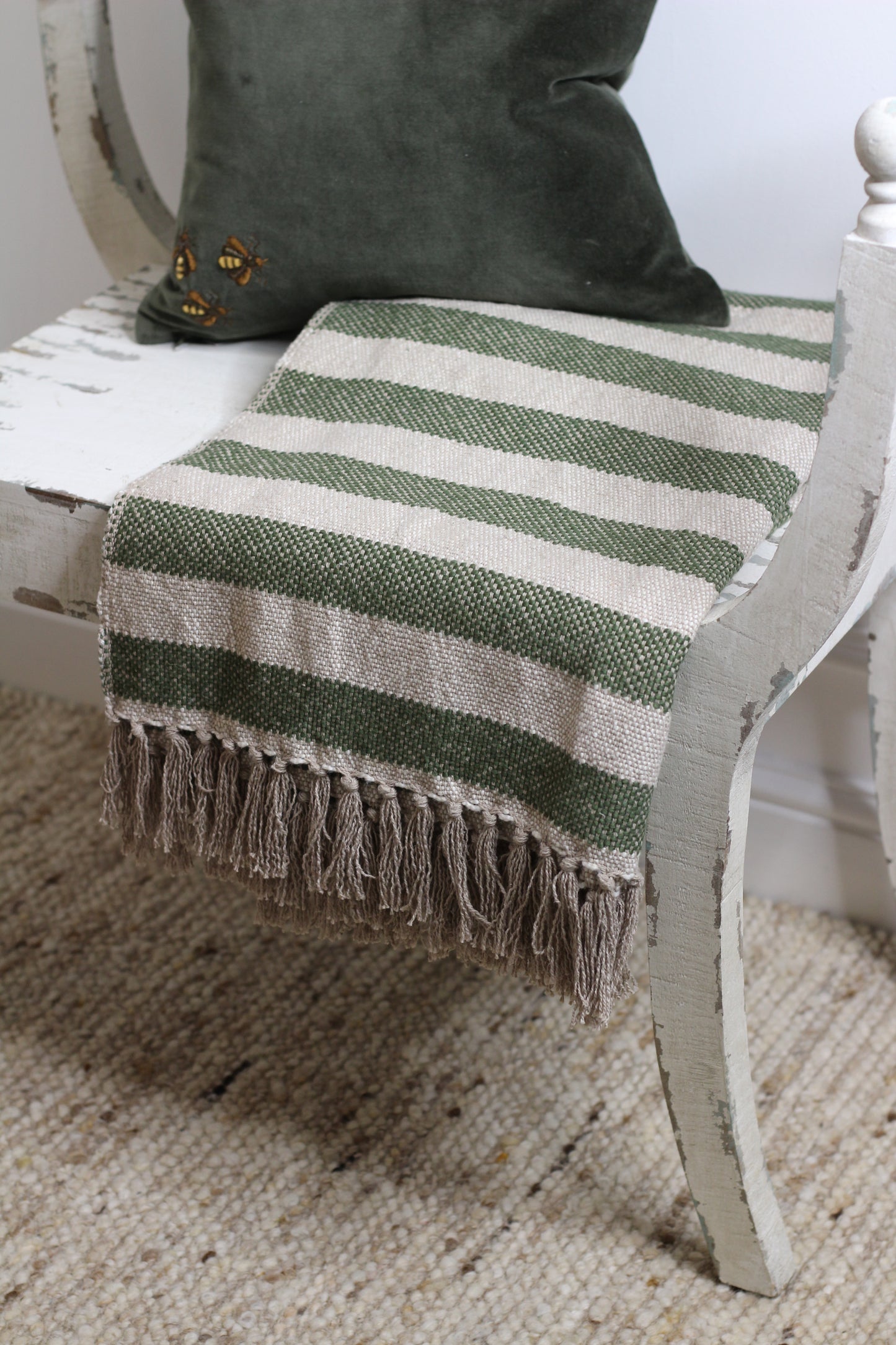 Moss Green Striped Throw With Tassels