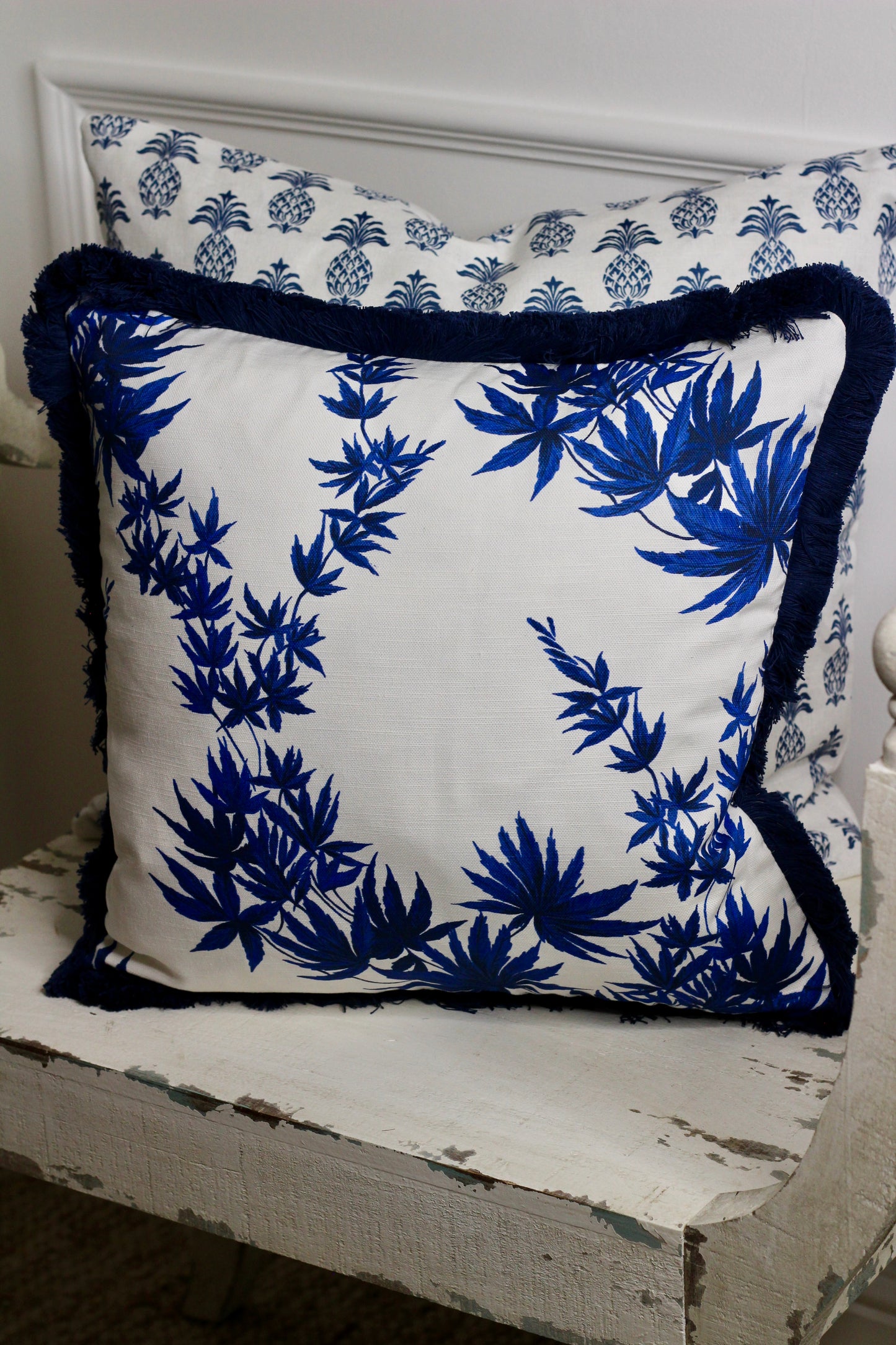 Fig Leaves Blue Fringed Cushion