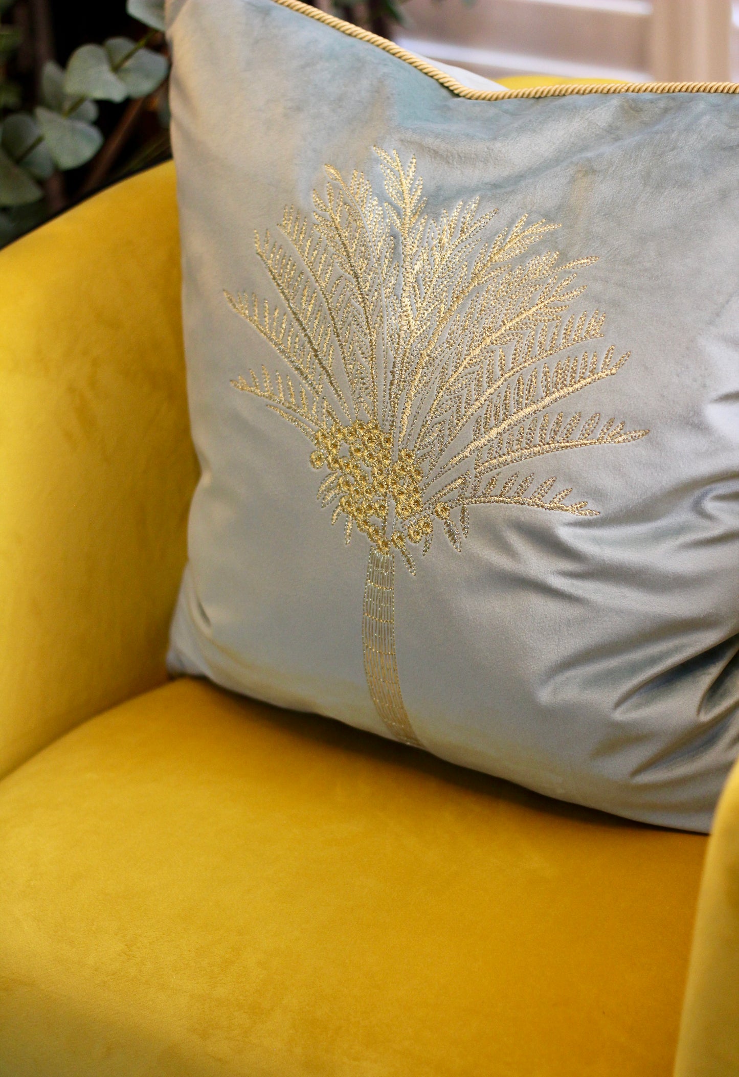 Oasis Palm Embroidered Velvet Cushion - Mineral