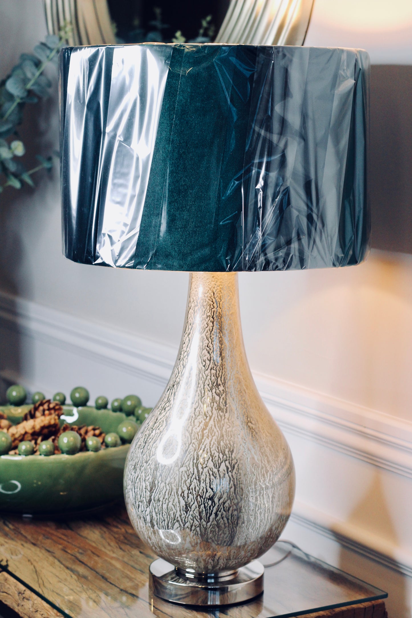 Pearly White Table Lamp Green Shade
