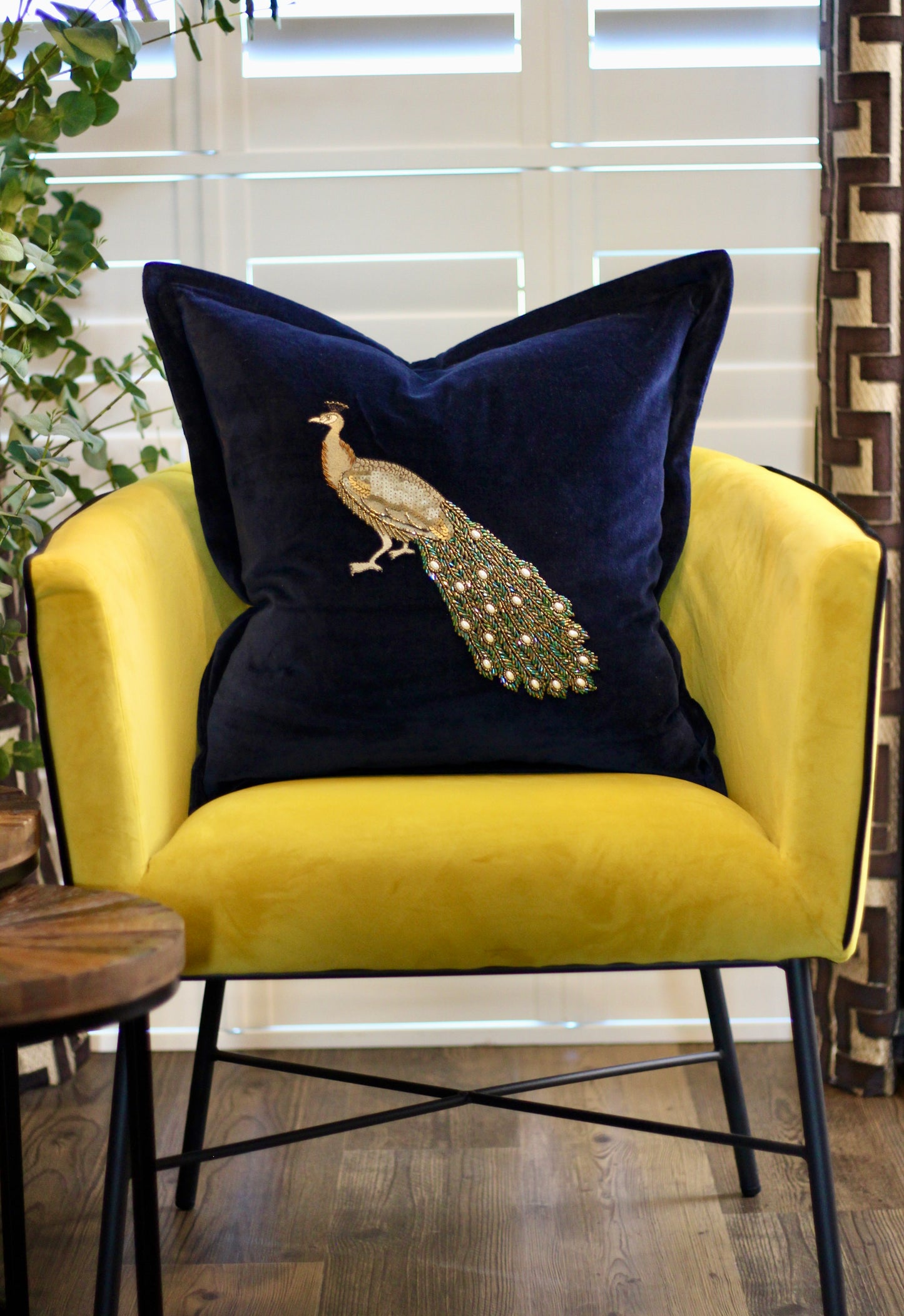 Luxe Peacock Embellished Cushion - Midnight