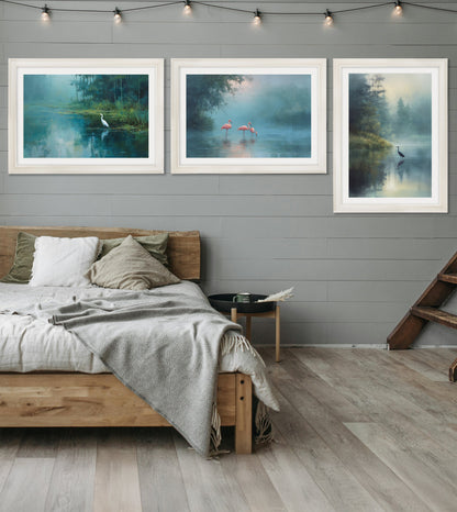 Misty Lake Heron – Cream Hurstwood Frame styled view – Leya Buster Interiors