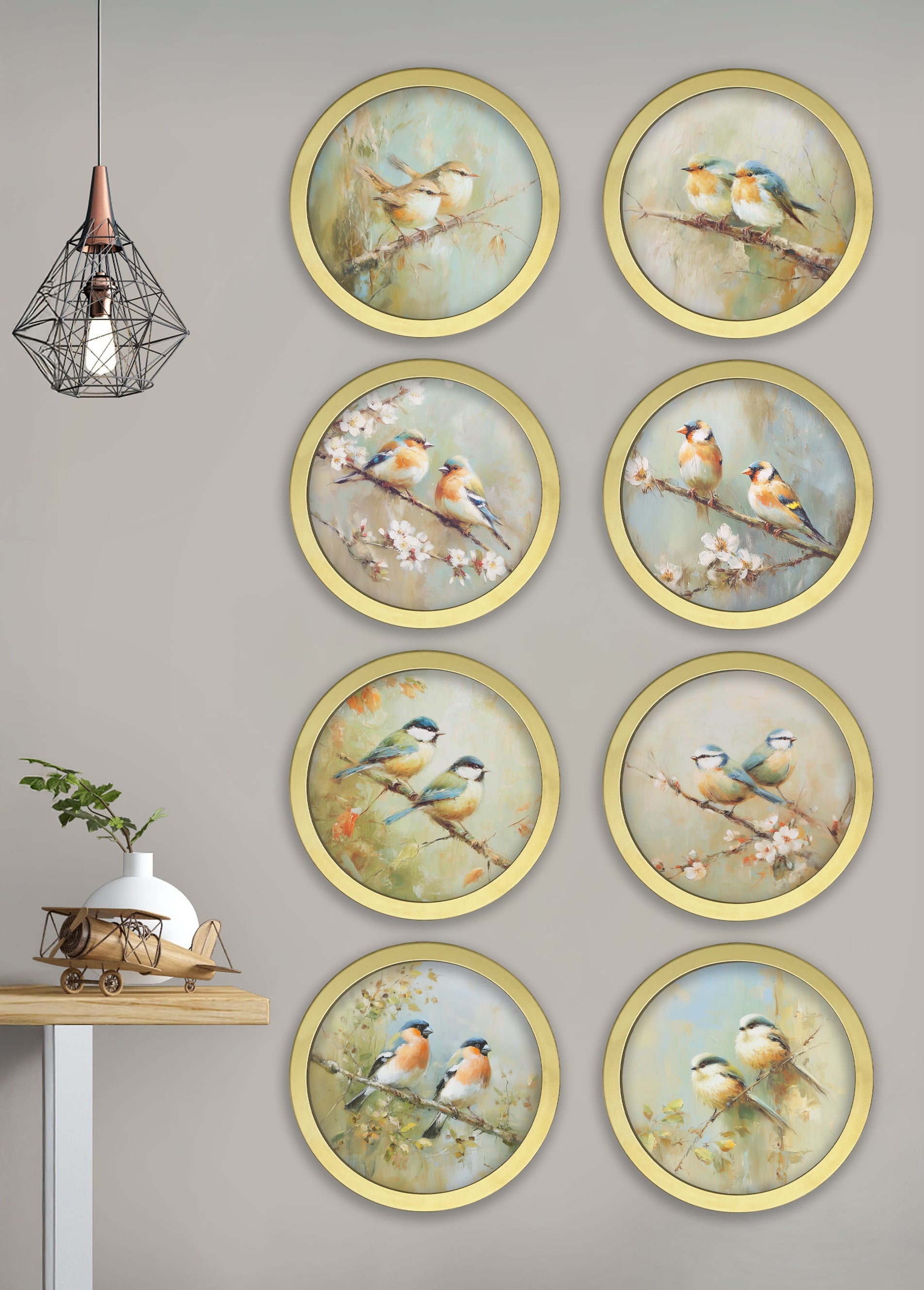 Garden Birds – 30cm Gold Round Box Frame – framed wall art at Leya Buster Interiors
