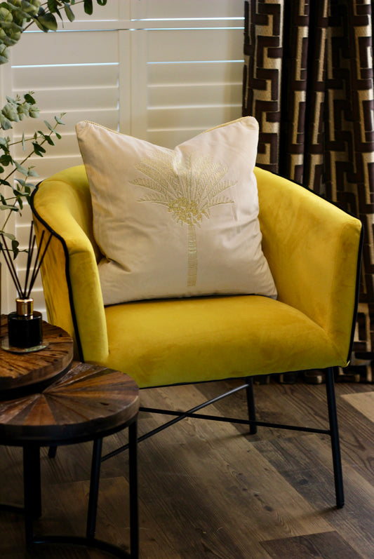 Oasis Palm Embroidered Velvet Cushion - Ivory