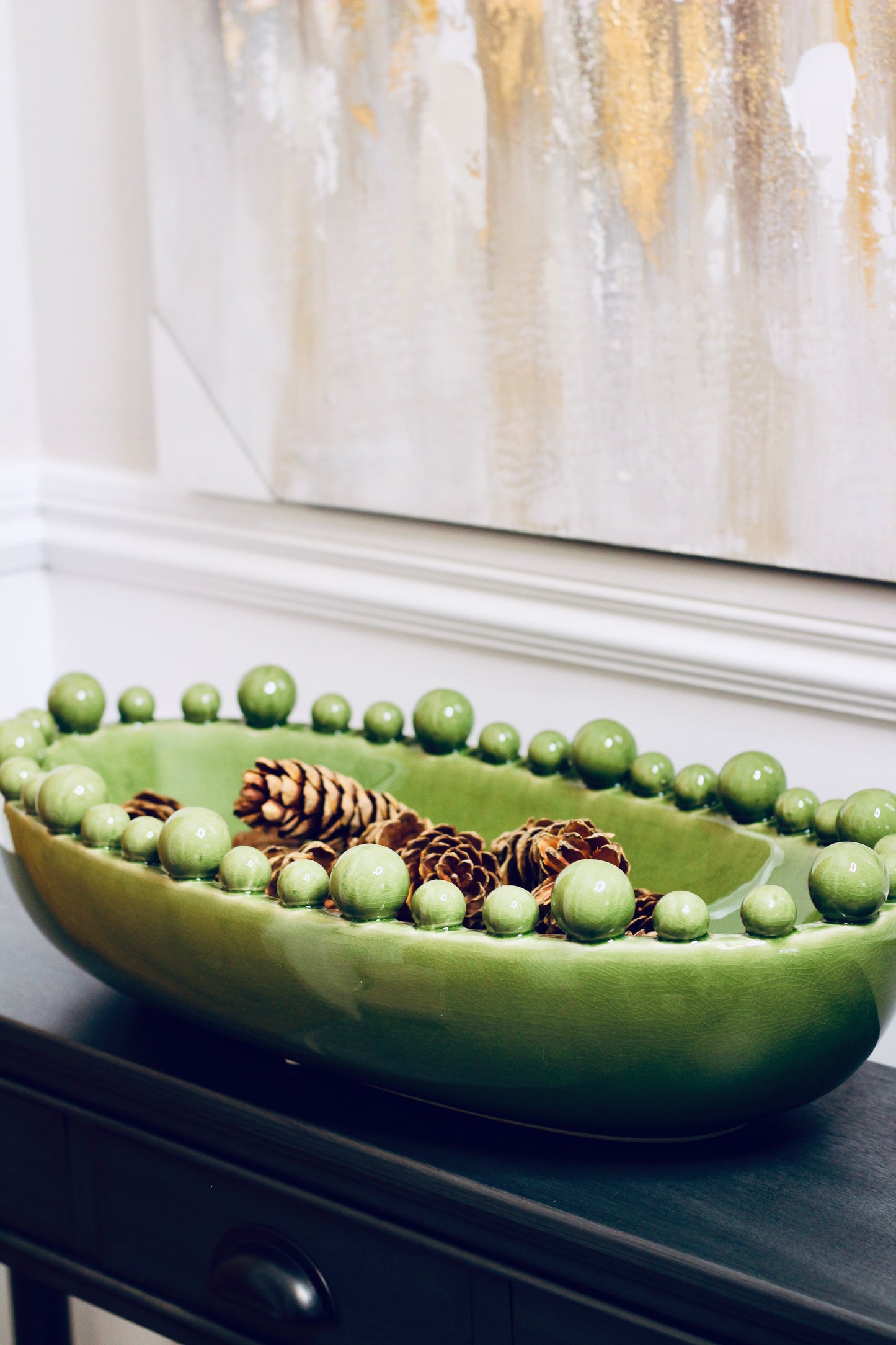 Green Oval Bowl With Bobbled Edge