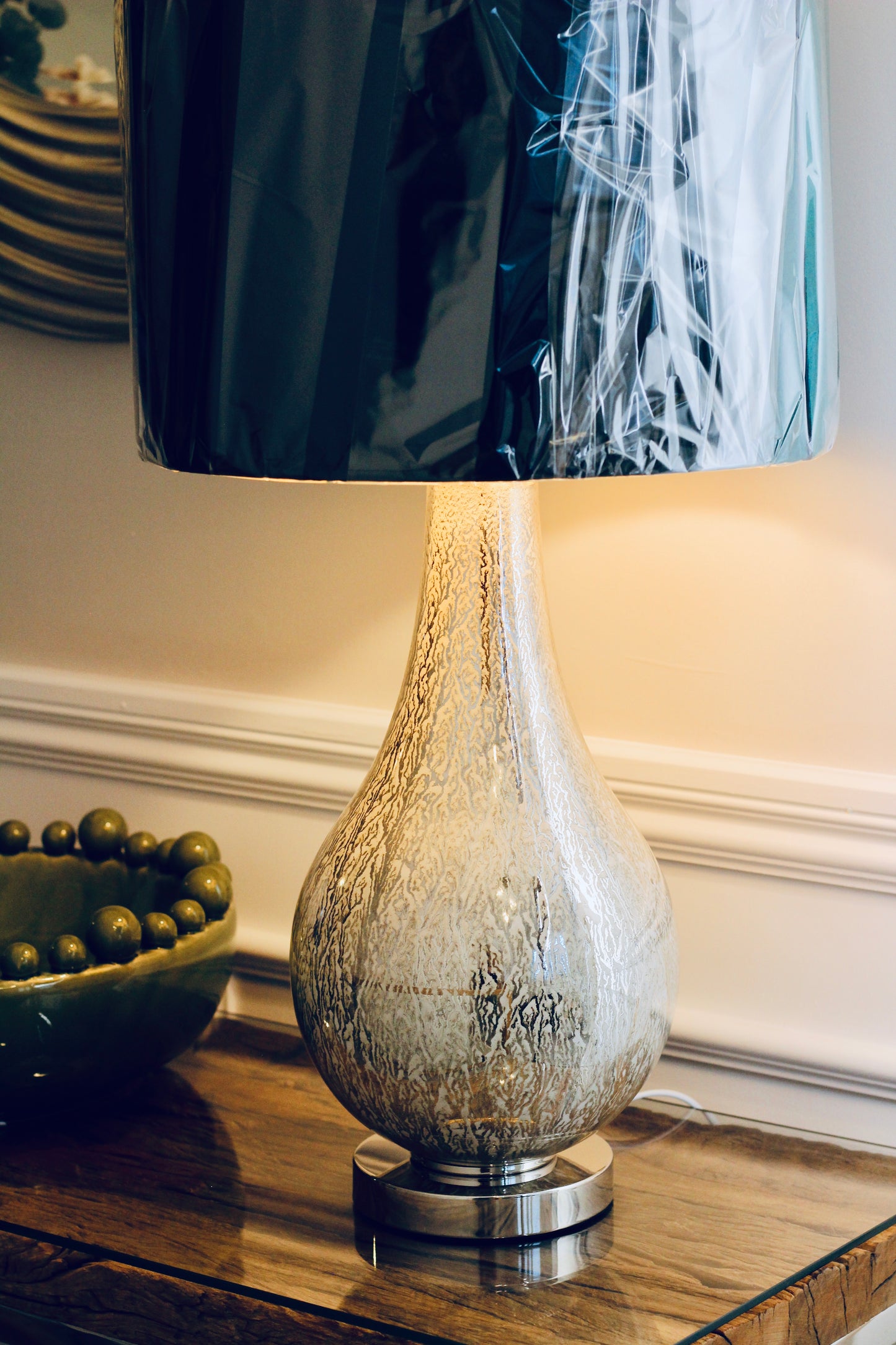 Pearly White Table Lamp Green Shade