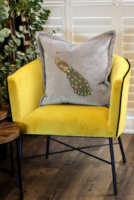 Luxe Peacock Embellished Cushion - Steel