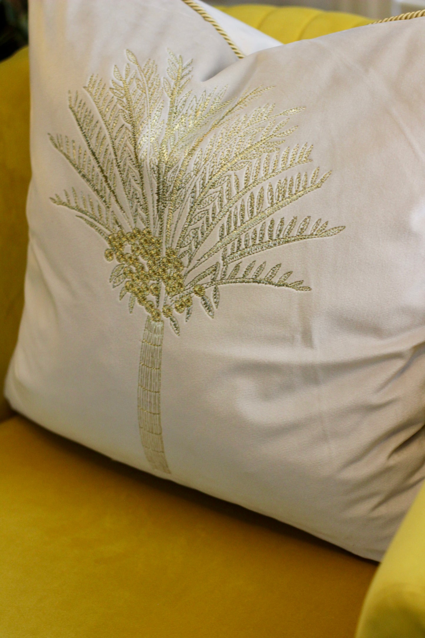 Oasis Palm Embroidered Velvet Cushion - Ivory