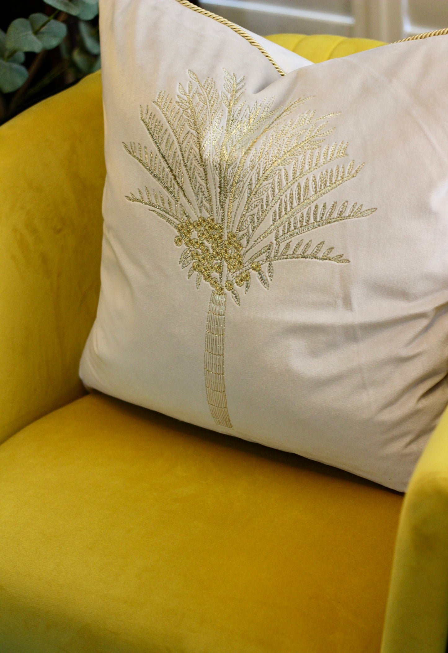 Oasis Palm Embroidered Velvet Cushion - Ivory