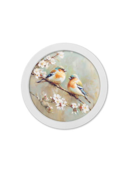 Garden Birds – 30cm White Round Box Frame styled view – Leya Buster Interiors