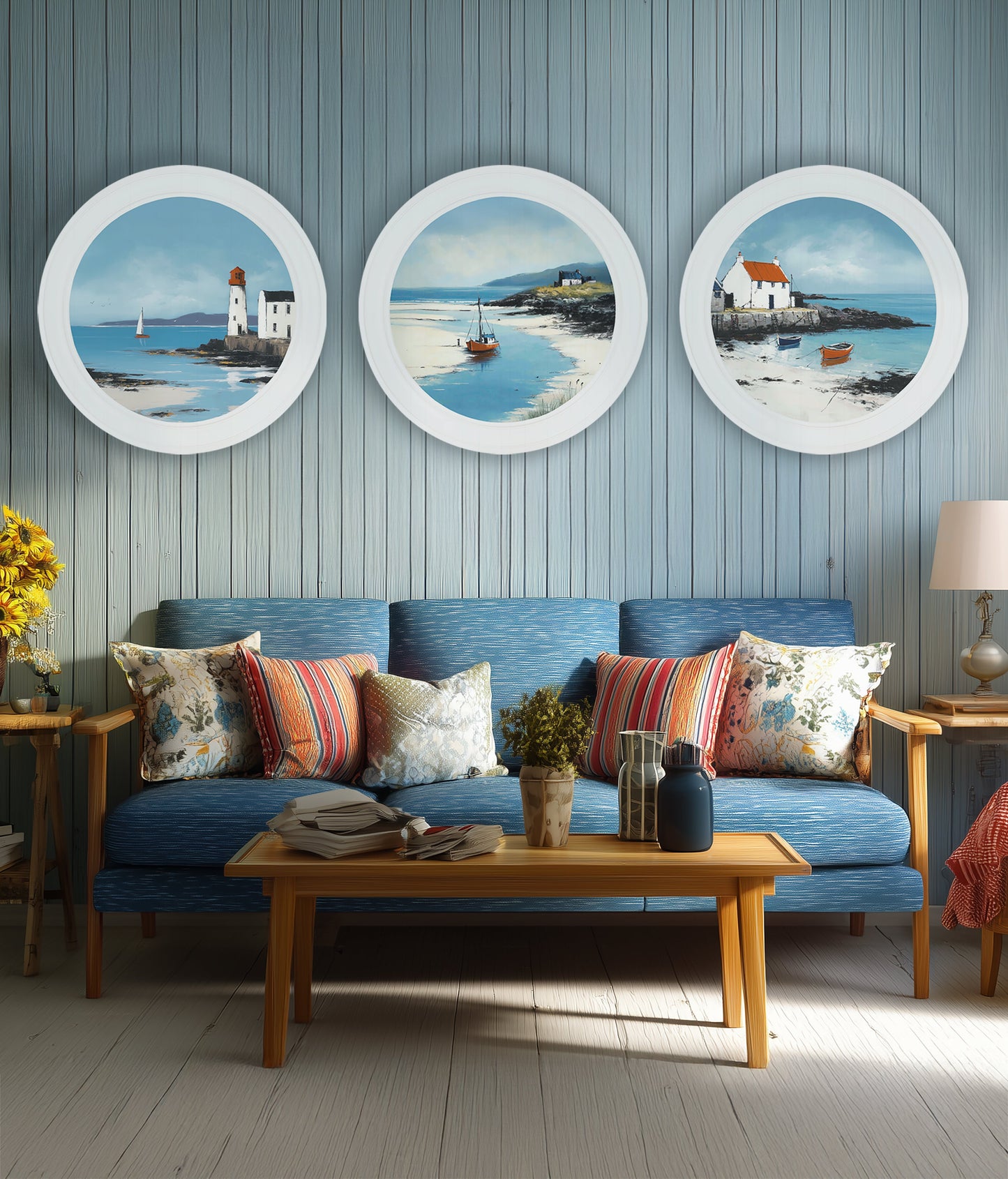 The Coastal Lighthouse – Oxford White Round Frame styled view – Leya Buster Interiors