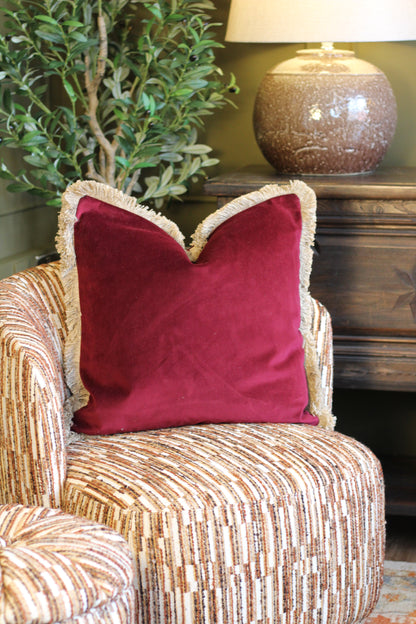 Langford Claret fringed velvet cushion in a deep claret tone, 55 x 55cm