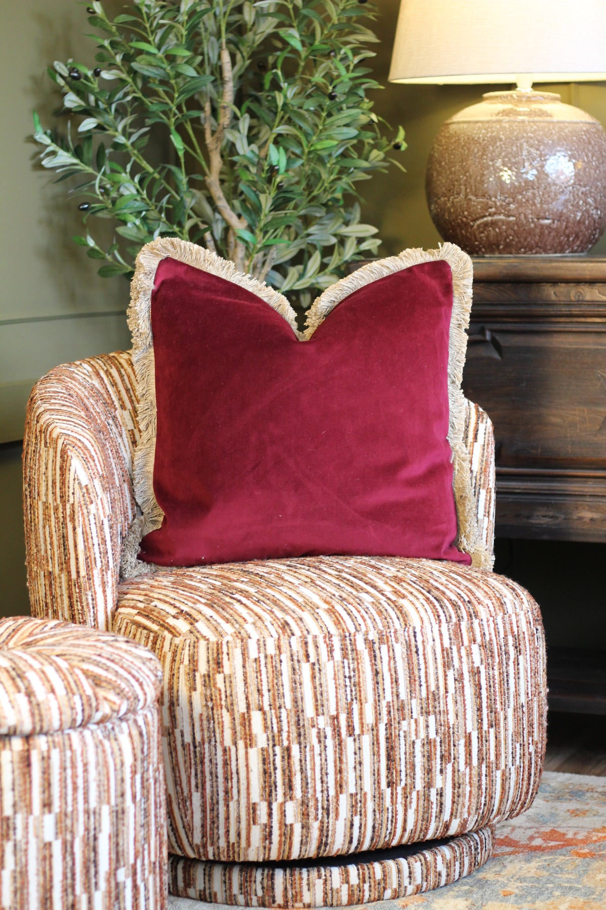 Langford Claret fringed velvet cushion in a deep claret tone, 55 x 55cm