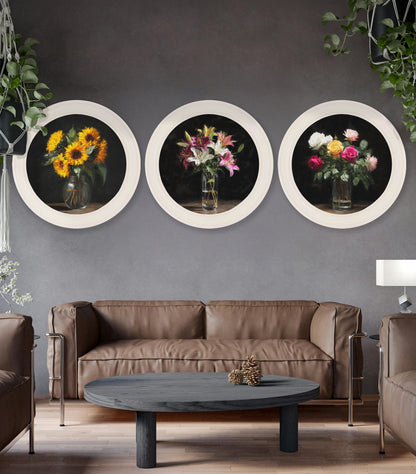 Roses After Dark – Oxford Strong White Round Frame styled view – Leya Buster Interiors