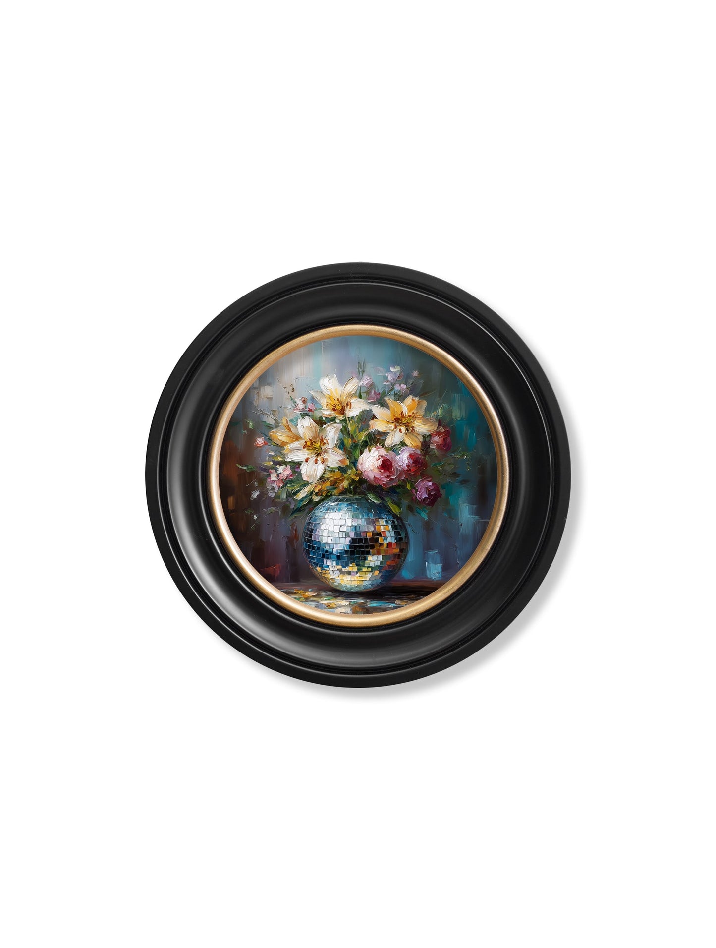Disco Lilies & Roses – Oxford Round Frame styled view – Leya Buster Interiors