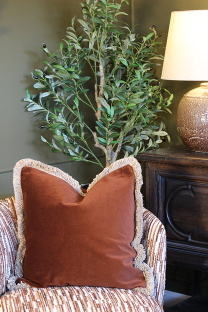 Langford Chestnut fringed velvet cushion in a rich warm brown, 55 x 55cm