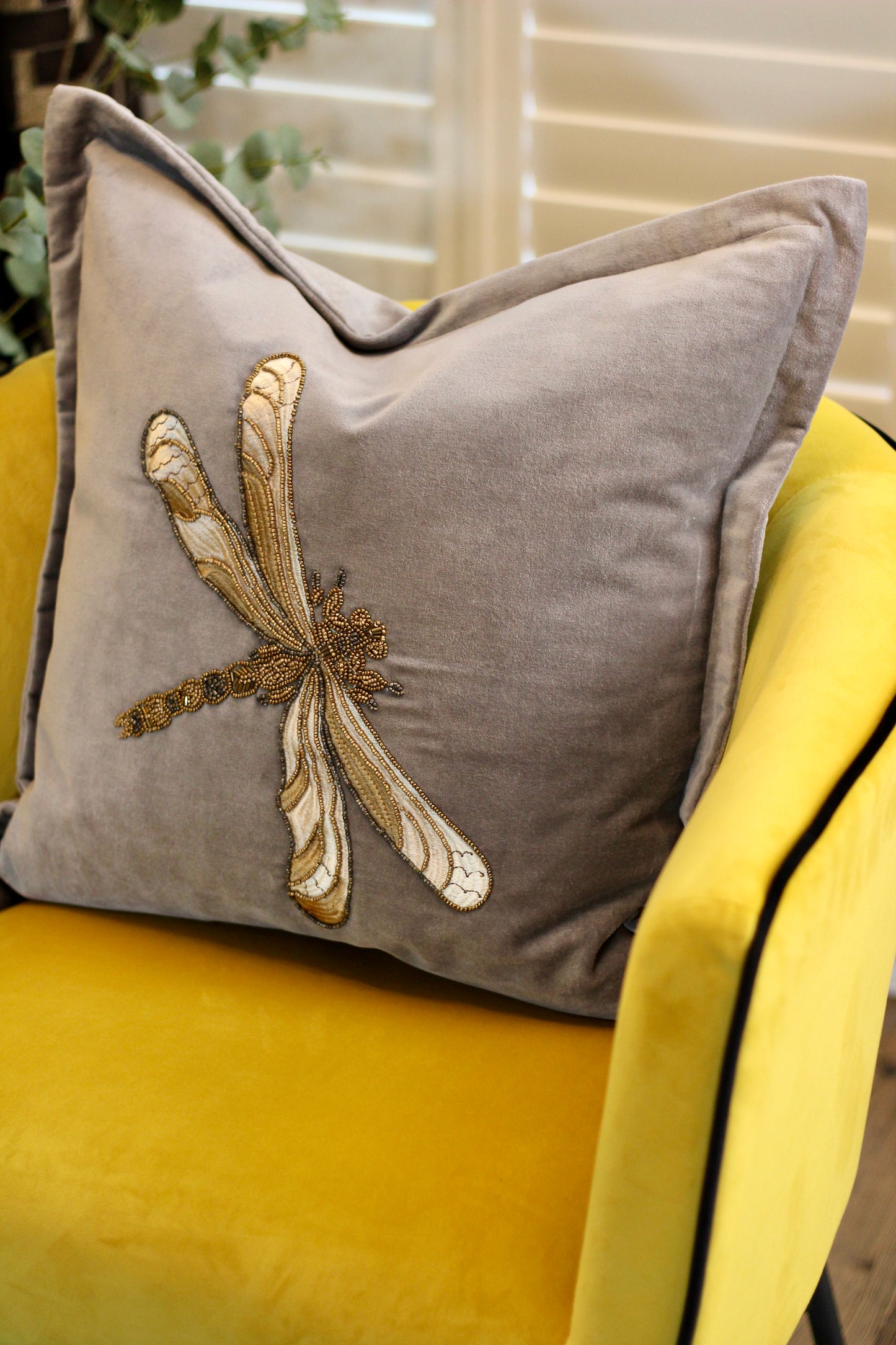 Luxe Dragon Fly Embellished Cushion - Grey