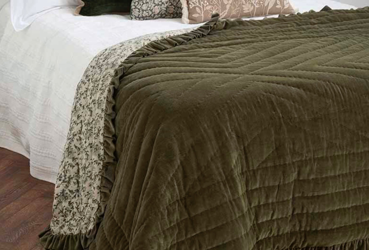 The Moorland Velvet Olive Ruffle Bedspread – decorative throw at Leya Buster Interiors