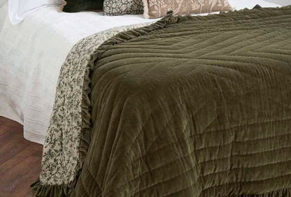 The Moorland Velvet Olive Ruffle Bedspread – decorative throw at Leya Buster Interiors