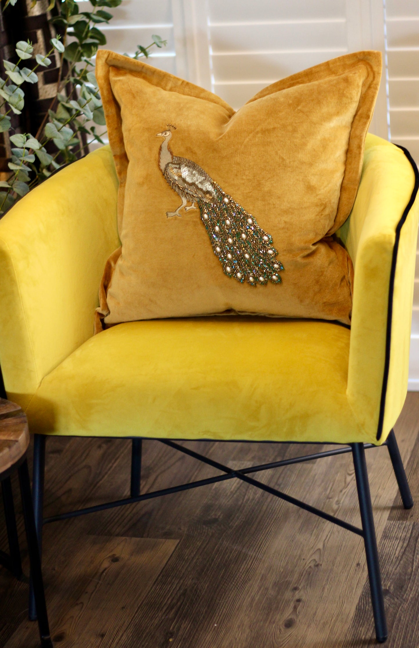 Luxe Peacock Embellished Cushion - Mustard