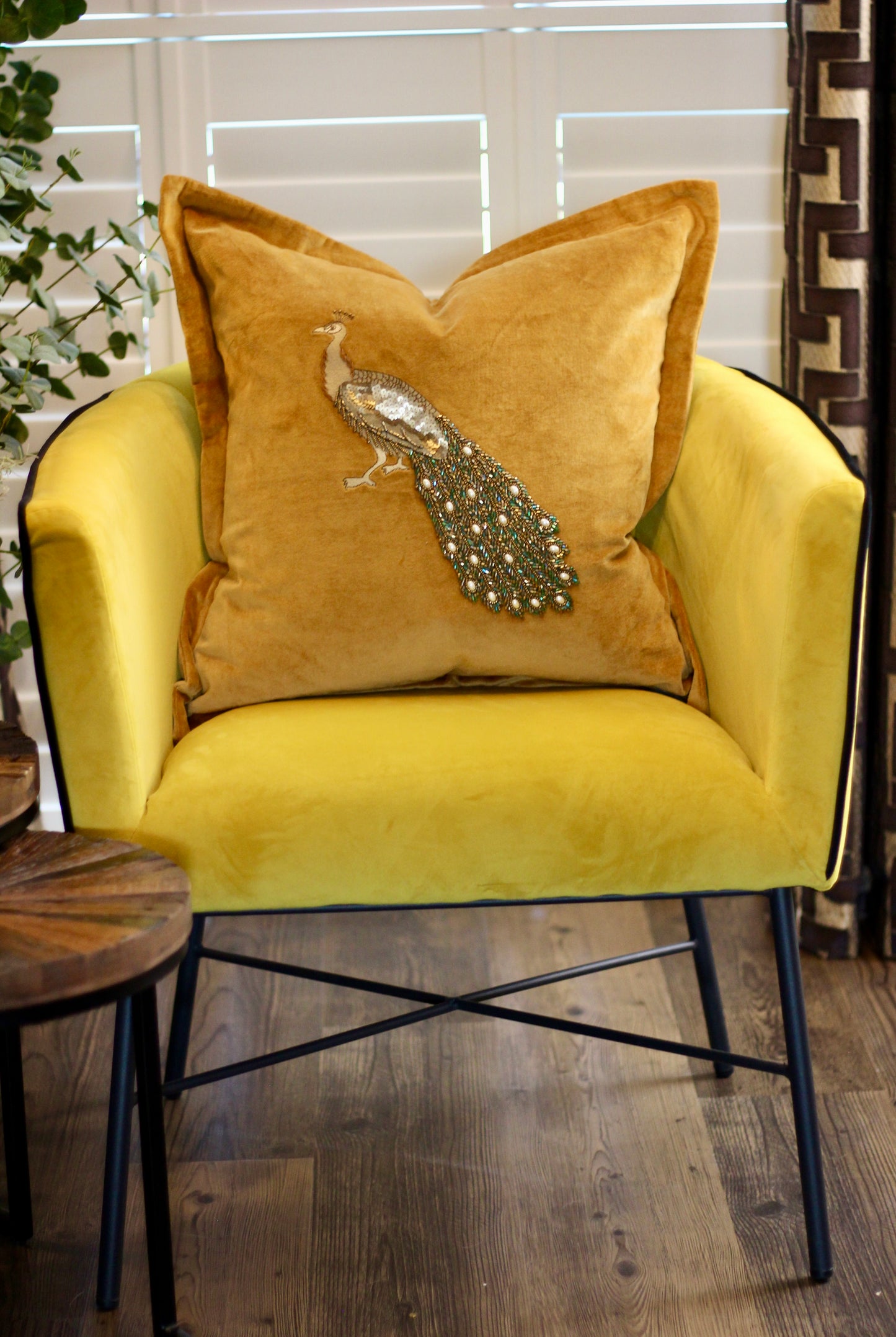 Luxe Peacock Embellished Cushion - Mustard