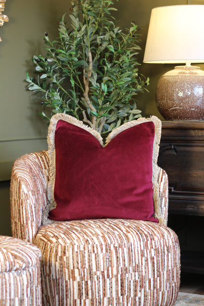 Langford Claret fringed velvet cushion in a deep claret tone, 55 x 55cm