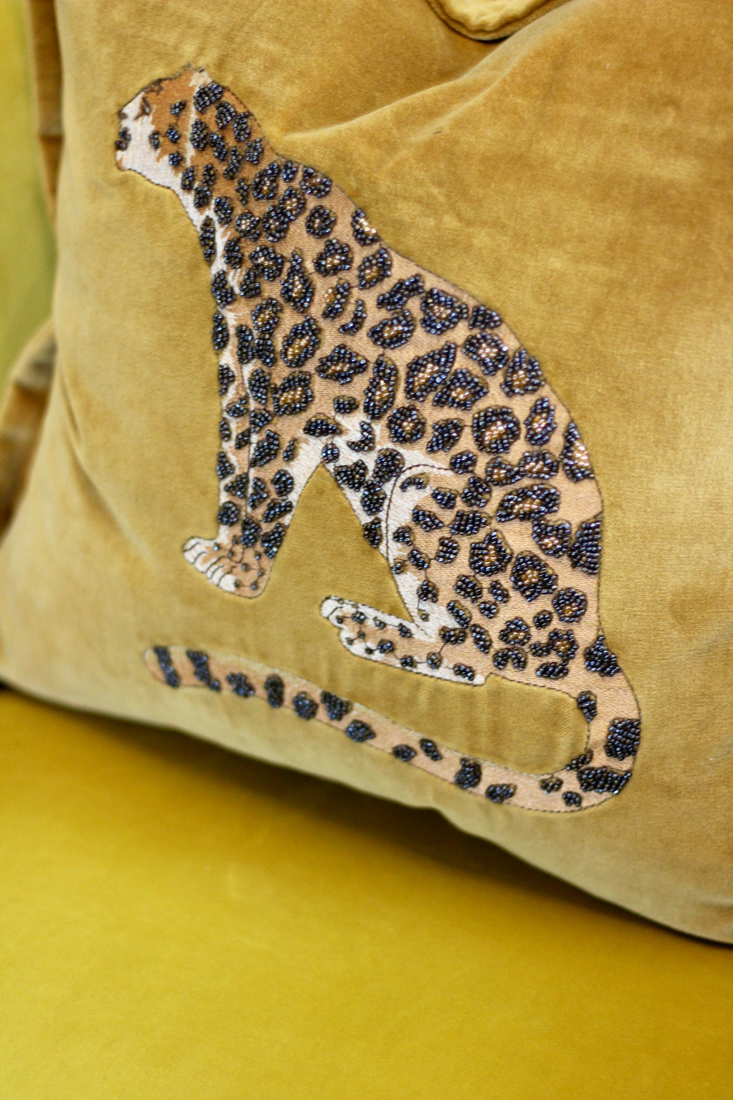 Luxe Leopard Embellished Cushion - Mustard