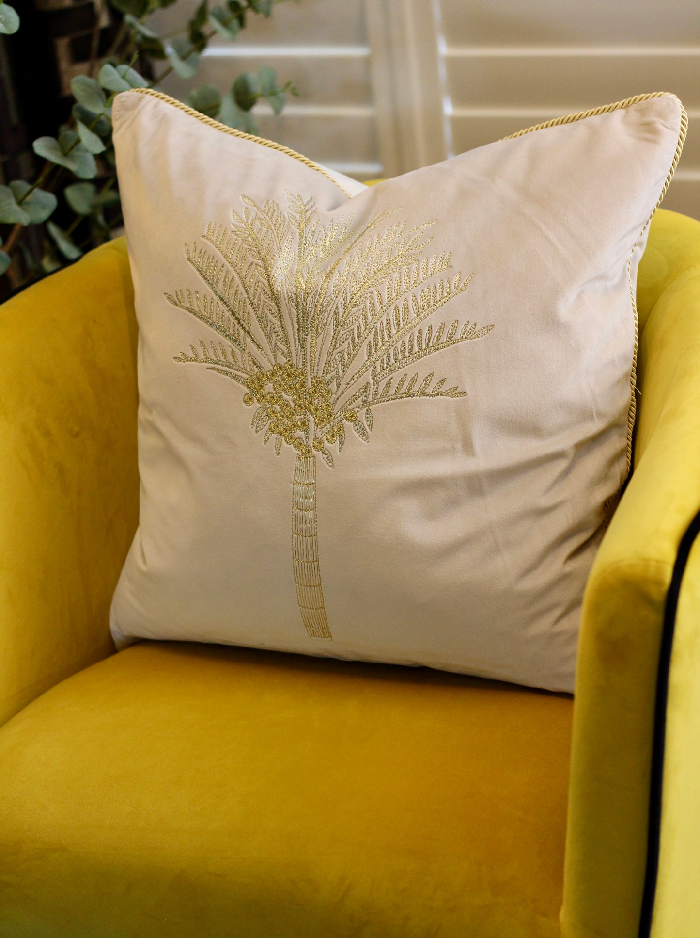 Oasis Palm Embroidered Velvet Cushion - Ivory